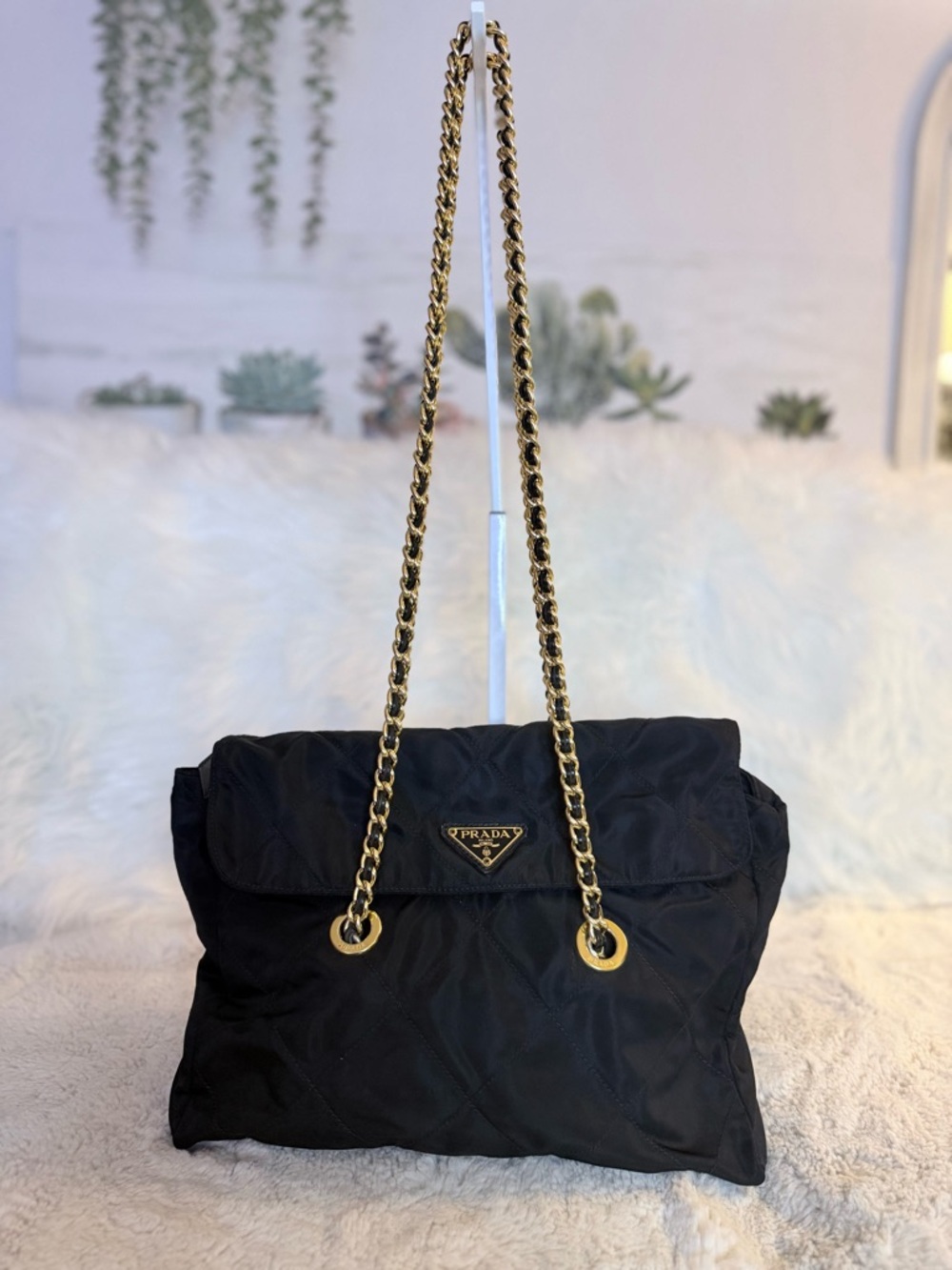 Prada Black Quilted Shoulder Bag with Gold Chain Straps